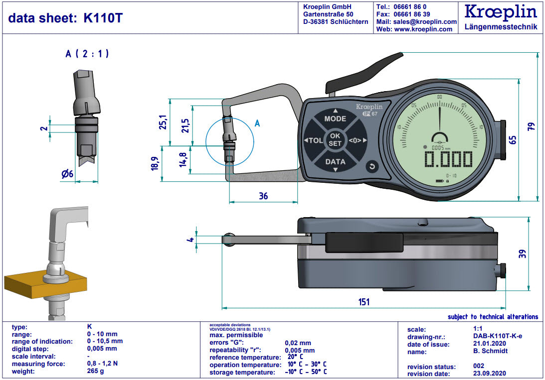 Mitutoyo External Digital Caliper Gauge K110T, 0-10mm Disc 6mm ( Mitutoyo Equivalent 209-931)