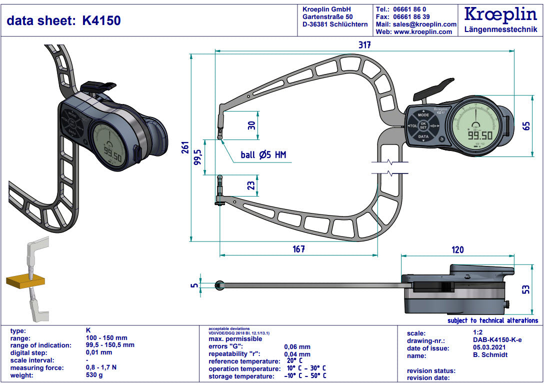 Kroeplin Digital External Caliper Gauge 100-150mm, 0.001mm C4150