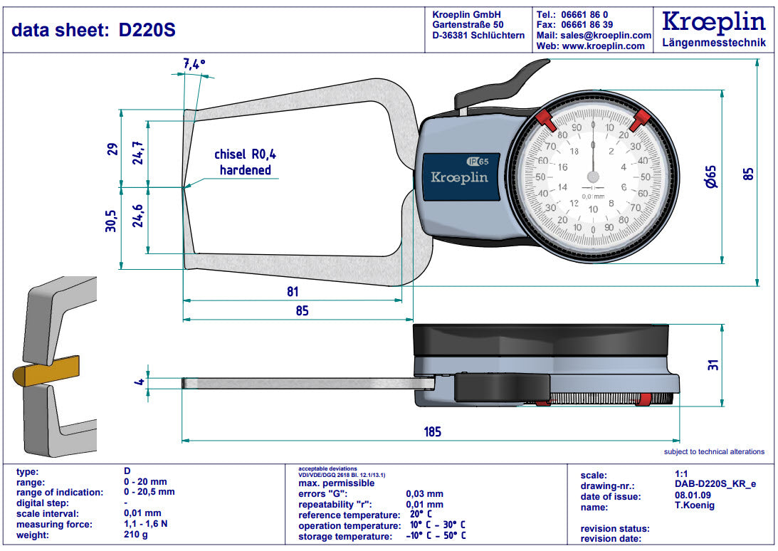 Mitutoyo Internal Dial Caliper Gauge D220S, 0-20mm ( Mitutoyo Equivalent 209-405)