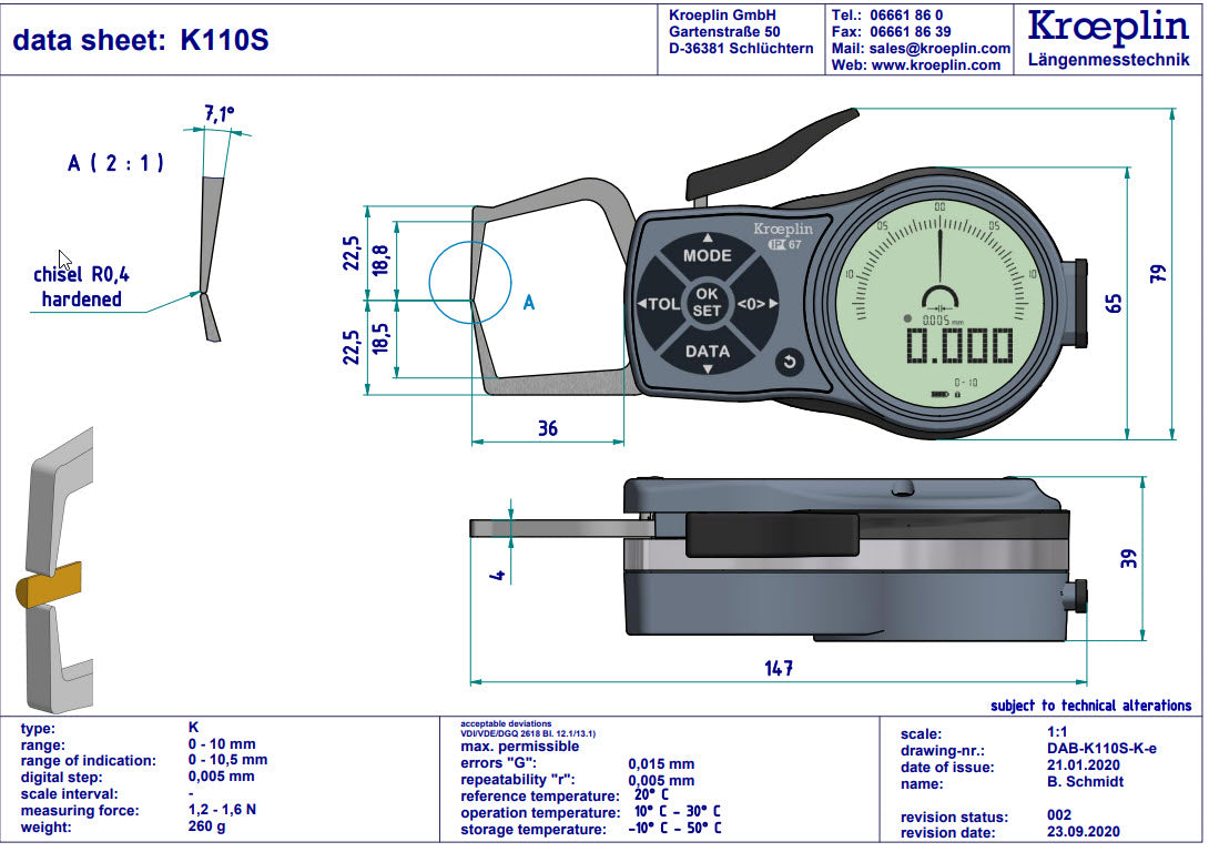 Kroeplin Digital External Caliper Gauge 0-10mm, 0.001mm K110S