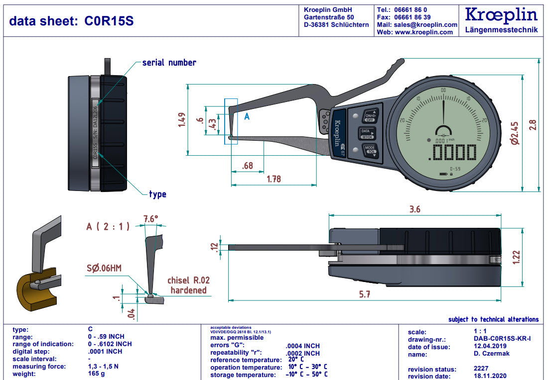 Mitutoyo External Digital groove Caliper Gauge C0R15S range 0 – 0.59 inch