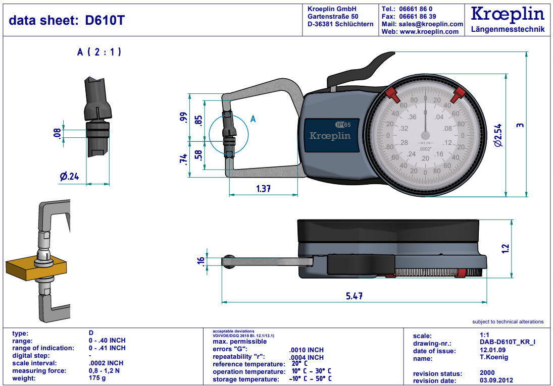 Kroeplin Metric External Caliper Gauge 0-.4", 0.0002", D610T