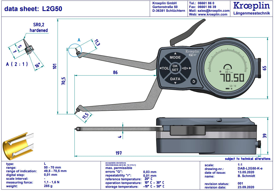 Mitutoyo L2G50 electronic internal measuring gauge  Measuring range Meb: 50-70mm Numerical interval Zw: 0,001 / 0,002 / 0,005 / 0,01 / 0,02 / 0,05mm Measuring depth L max.: 85 mm