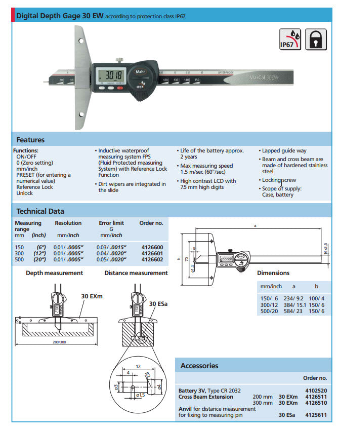 Mahr 4126601 Digital Depth Gauge IP 67 Model: 30EW Range: 300mm/12" Resolution: .01mm/.0005" Base Length: 150mm Waterproof: IP67
