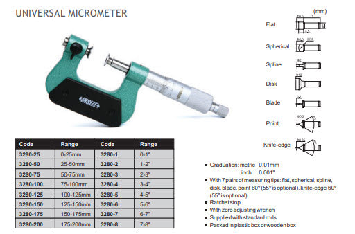 Insize Universal Micrometer 3280-25 0-25mm x .01mm with 7 sets of tips