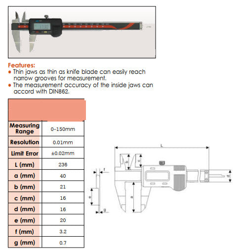 Inspec 402-13-212 Electronic Blade Caliper 0-6"/0-150mm, Resolution .01mm/.0005", Data output