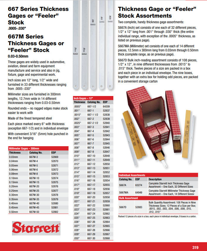 Starrett Thickness Gauge Feeler Strip .005" Thick 12" Long 667-5