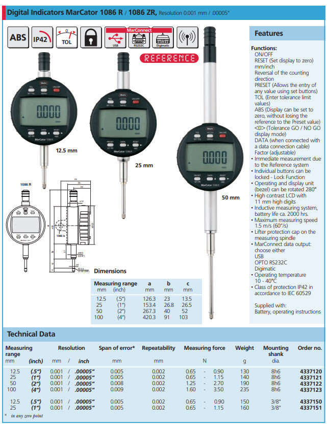 Mahr 4337151 Digital Indicators MarCator 1086 R, Range 25mm/1'' Resolution 0.001 mm / .00005“ Accuracy 0.005mm Repeatability 0.002mm Force 0.65 - 1.15N Stem 3/