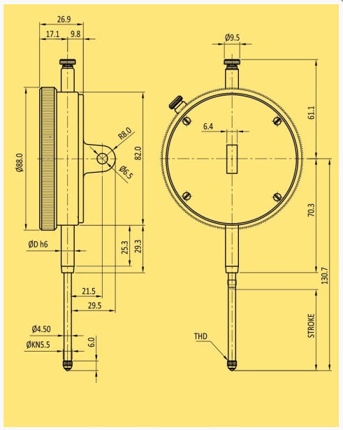 Baker (Mercer Style) Plunger indicator J72, Range 50mm, Graduation .01mm, Reading 0-100, Face 88mm