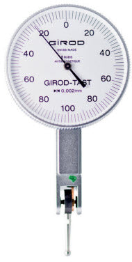 Girod Horizontal Indicator GT1453, Graduation: .002mm, Range: 0.2mm Reading: 0-100-0, Face 37mm, Stylus 12mm, DIN 2270