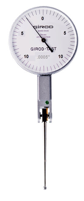 Girod Horizontal Indicator Long stylus GT1454A, Graduation: .0005", Range: .020", Reading: 0-10-0, Face 1.5'', Stylus 1.18'', DIN 2270
