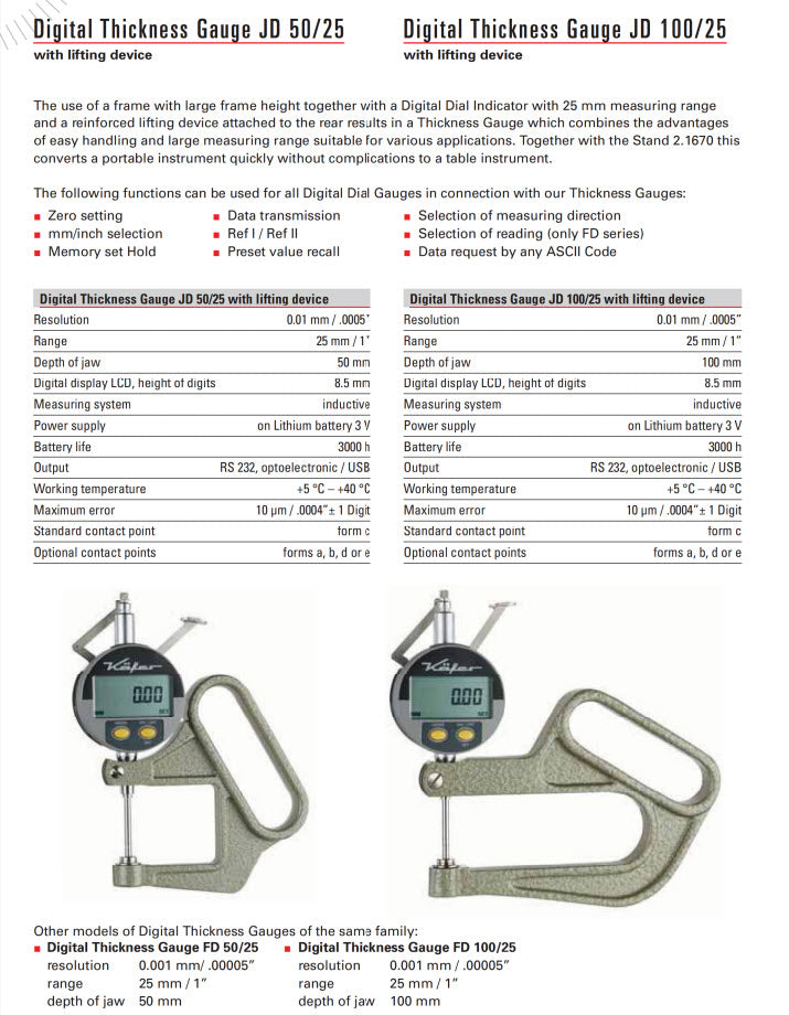 Käfer JD50 (0.01mm) Digital Thickness Gauge 50mm Jaw 0-12.5mm (0-0.5″)