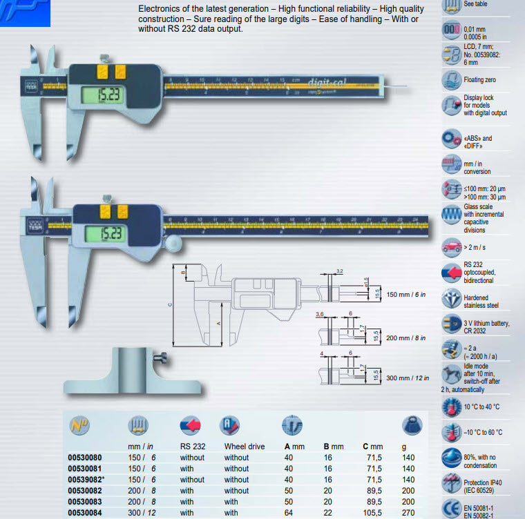 TESA DIGIT-CAL «capa µ system» 150mm/6" resolution .01mm/.0005" Number 00530080