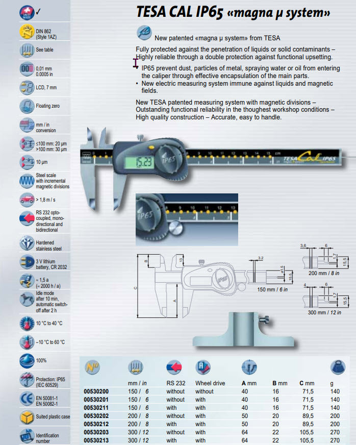 TESA CAL IP65 «magna µ system»  6"/150mm Res .01mm/.0005"  With Roller Wheel, Code 00530201