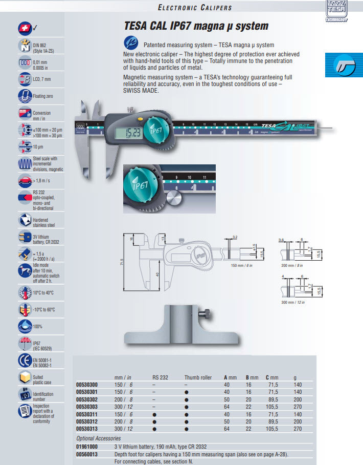TESA BROWN & SHARPE 00530301 Electronic Digital Caliper, 0 - 6" (0 - 150mm) Range, .0005" (.01mm) Resolution, TESA CAL IP67 magna µ system