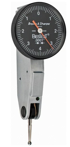 TESA Brown & Sharpe  Horizontal Dial Test Indicator: 0.0080" Max, 0-5-0 Dial Reading Series BesTest, 1" Dia, Black Dial, 0.000100" Graduation, 0.0800" Ball   Mfr# 599-7032-5
