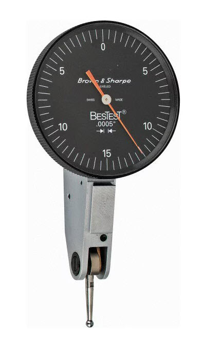 Brown & Sharpe BesTest Dial Test Indicator 599-7033-5, 0.008" Range, 0.00005" Graduation, 1-1/2" Dial Dia., Black Dial Horizontal