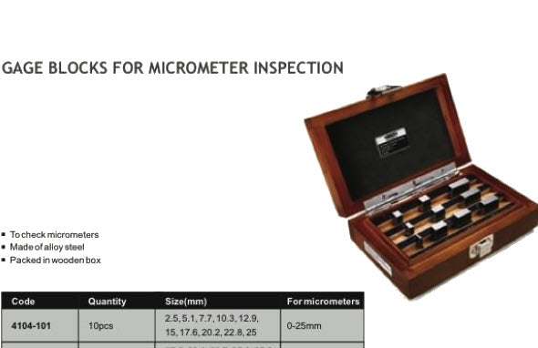Insize Gauge Block set 4104-101 or checking 0-25mm Micrometers Set of gauges for checking micrometer accuracy for 0-25mm micrometers.  Technical specification:  Quantity: 10pcs Grade 0 Meet ISO 3650