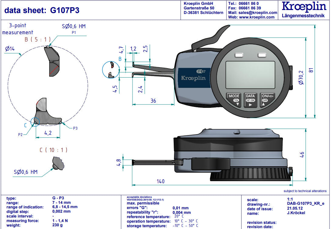 Kroeplin Digital Internal Groove Gauge G107P3 , 3 Point Gauge, 7-14mm x .002mm