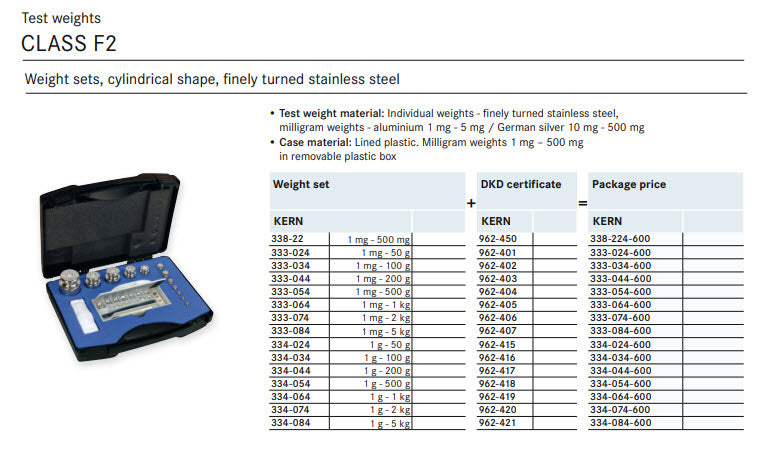 Kern 333-074-600, Kern F2 Sets 1mg-2Kg in a plastic case Cylindrical shape, polished stainless steel Milligram weights in a removable plastic box Dust-brush, tweezers and gloves to handle the weights DKD Certificate of Calibration Included