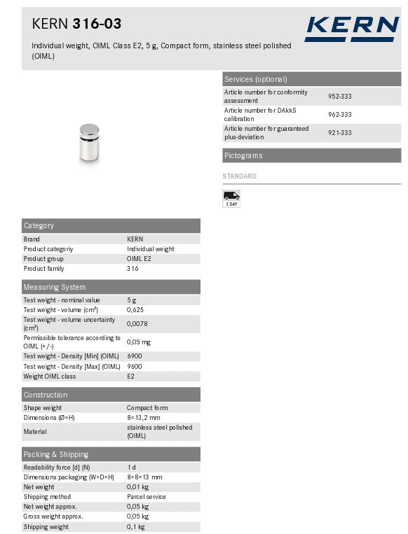 KERN® Test weight 316-03  OIML Class E2, Nominal value 5g, Platelet, Stainless Steel polished