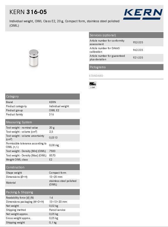 KERN® Test weight 316-05 OIML Class E2, Nominal value 20g, Platelet, Stainless Steel polished