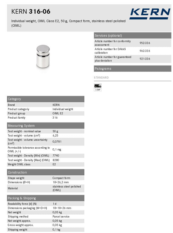KERN® Test weight 316-06 OIML Class E2, Nominal value 50g, Platelet, Stainless Steel polished