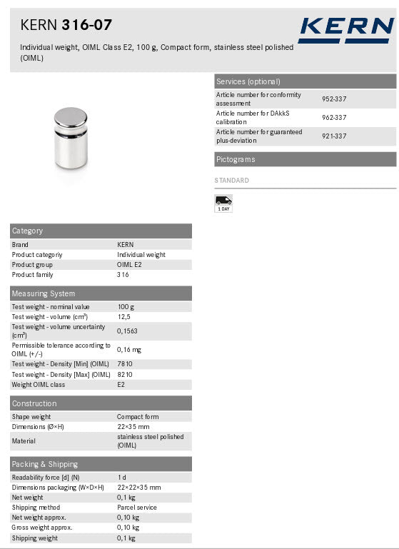 KERN® Test weight 316-07 OIML Class E2, Nominal value 100g, Platelet, Stainless Steel polished
