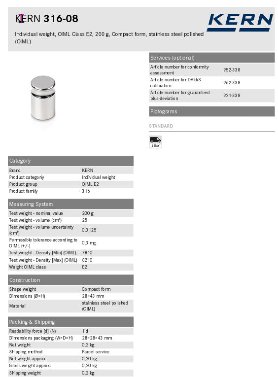 KERN® Test weight 316-08 OIML Class E2, Nominal value 200g, Platelet, Stainless Steel polished