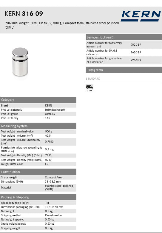 KERN® Test weight 316-09 OIML Class E2, Nominal value 500g, Platelet, Stainless Steel polished