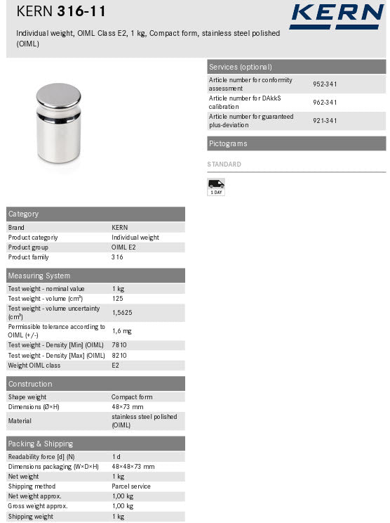 KERN® Test weight 316-11OIML Class E2, Nominal value 1kg, Platelet, Stainless Steel polished
