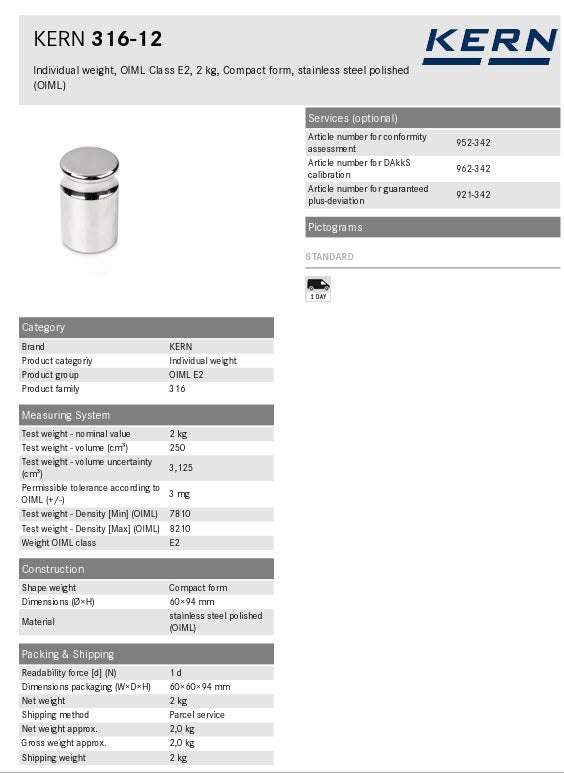 KERN® Test weight 316-12 OIML Class E2, Nominal value 2kg, Platelet, Stainless Steel polished