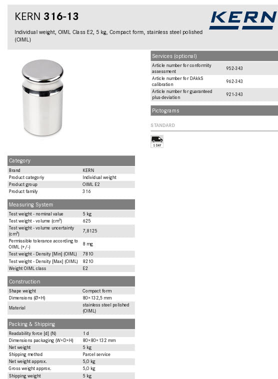 KERN® Test weight 316-13 OIML Class E2, Nominal value 5kg, Platelet, Stainless Steel polished