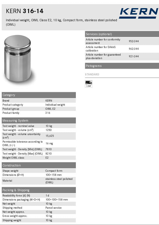 KERN® Test weight 316-14 OIML Class E2, Nominal value 10kg, Platelet, Stainless Steel polished