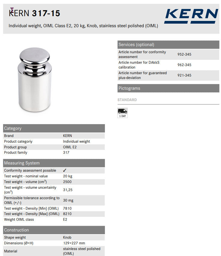 KERN® Test weight 317-15 OIML Class E2, Nominal value 20KG, Platelet, Stainless Steel polished