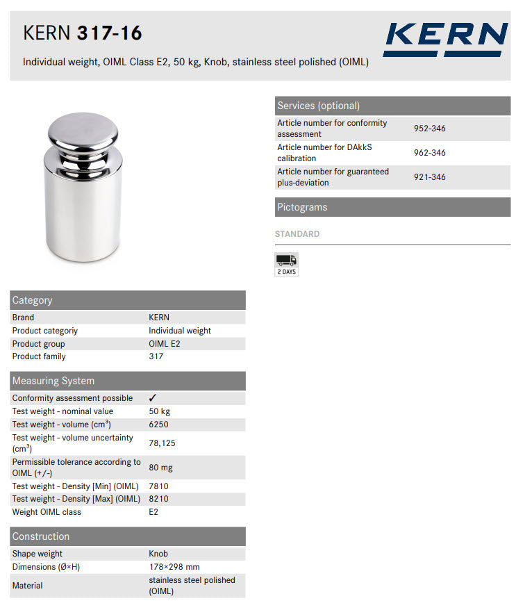 KERN® Test weight 317-16 OIML Class E2, Nominal value 50KG, Platelet, Stainless Steel polished