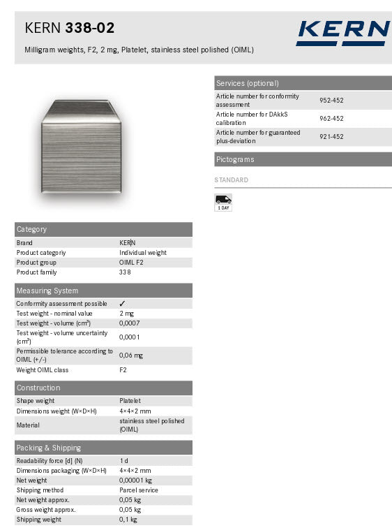 KERN® F2 Individual Weight 338-02, 2 mg Test weight Check weight, Stainless steel (OIML)