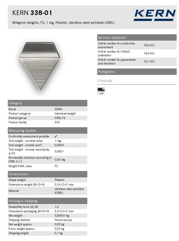 KERN® F2 Individual Weight 338-01, 1mg Test weight Check weight, Stainless steel (OIML)