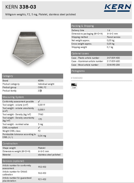 KERN® F2 Individual Weight 338-03, 5mg Test weight Check weight, Stainless steel (OIML)