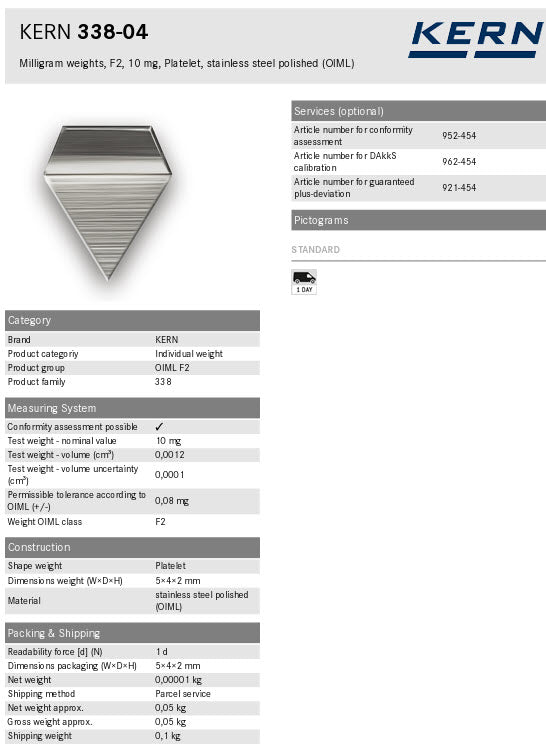 KERN® F2 Individual Weight 338-04 10mg Test weight Check weight, Stainless steel (OIML)