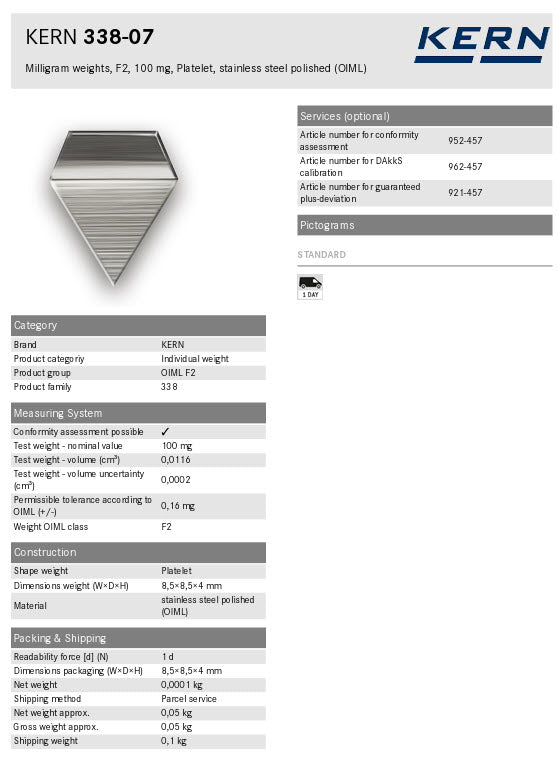 KERN® F2 Individual Weight 338-07, 100mg Test weight Check weight, Stainless steel (OIML)