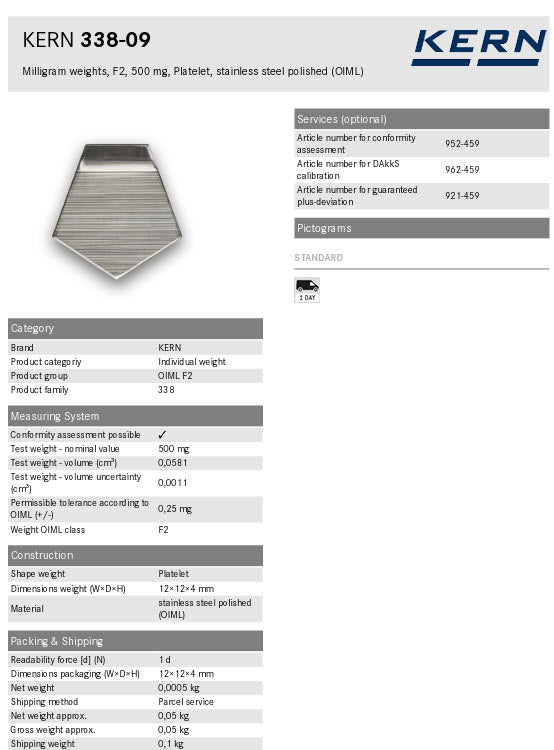 KERN® F2 Individual Weight 338-09 500mg Test weight Check weight, Stainless steel (OIML)