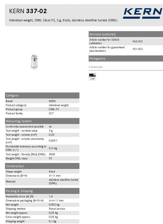 KERN® F2 Individual Weight 337-02, 2g Test weight Check weight, Stainless steel (OIML)