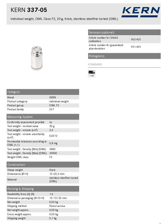 KERN® F2 Individual Weight 337-05, 20g Test weight Check weight, Stainless steel (OIML)