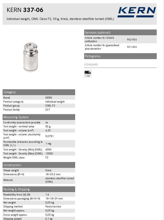 KERN® F2 Individual Weight 337-06, 50g Test weight Check weight, Stainless steel (OIML)