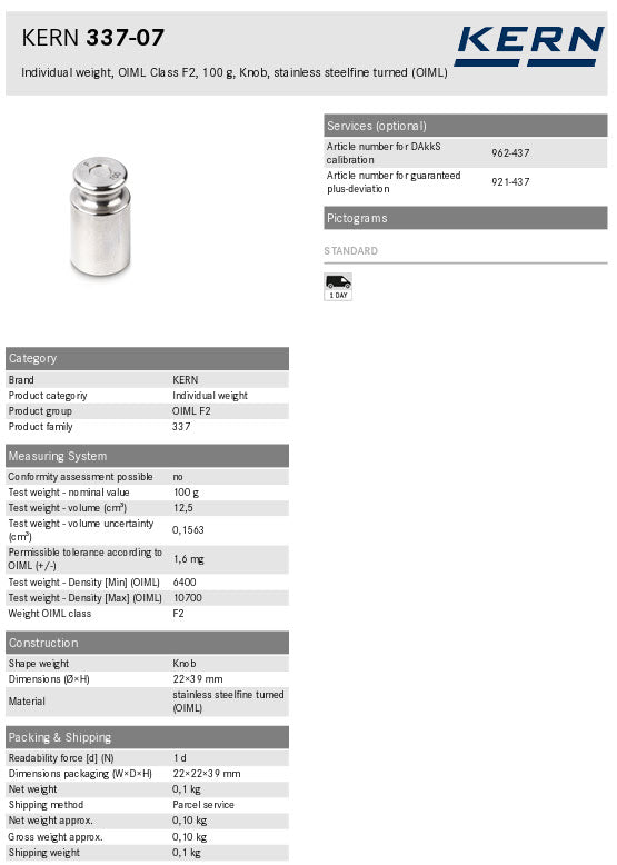 KERN® F2 Individual Weight 337-07, 100g Test weight Check weight, Stainless steel (OIML)