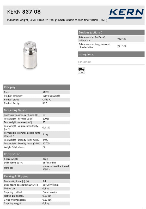 KERN® F2 Individual Weight 337-08, 200g Test weight Check weight, Stainless steel (OIML)