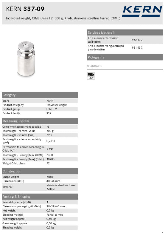 KERN® F2 Individual Weight 337-09, 500g Test weight Check weight, Stainless steel (OIML)