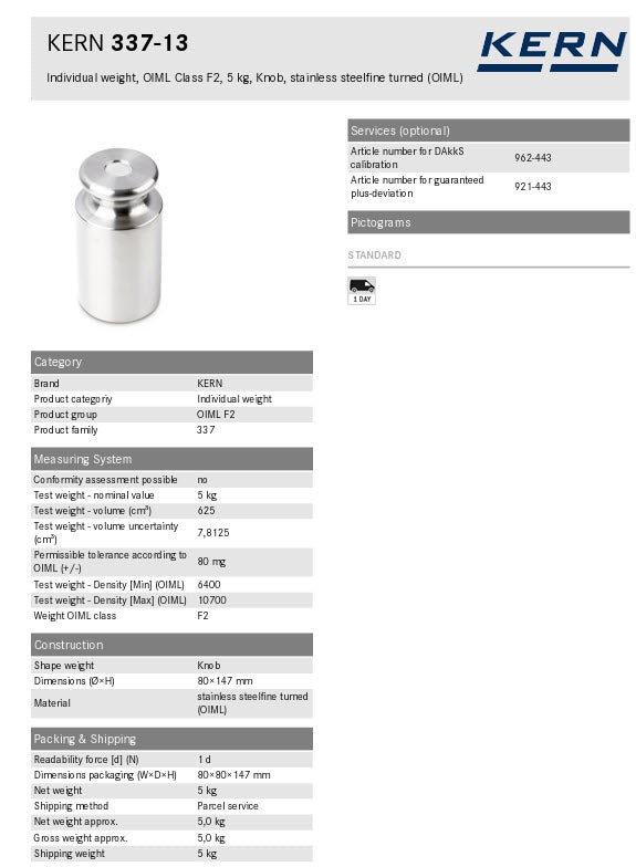 KERN® F2 Individual Weight 337-13 5Kg Test weight Check weight, Stainless steel (OIML)
