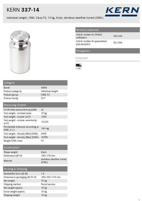 KERN® F2 Individual Weight 337-14 10Kg Test weight Check weight, Stainless steel (OIML)